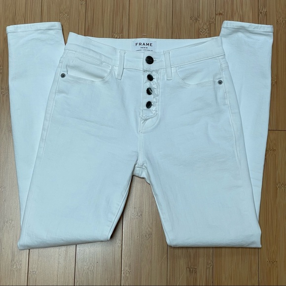 Frame Le High Rise Skinny Button Exposed Fly (Blanc Street) White Jeans Denim 25 - Picture 7 of 12